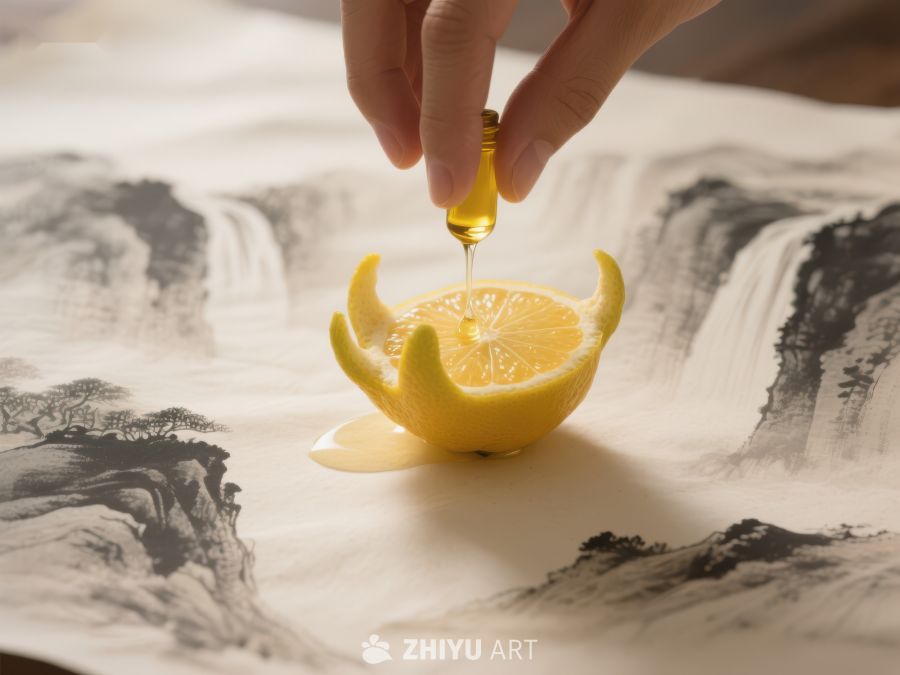 柠檬滴油，水墨画背景 259