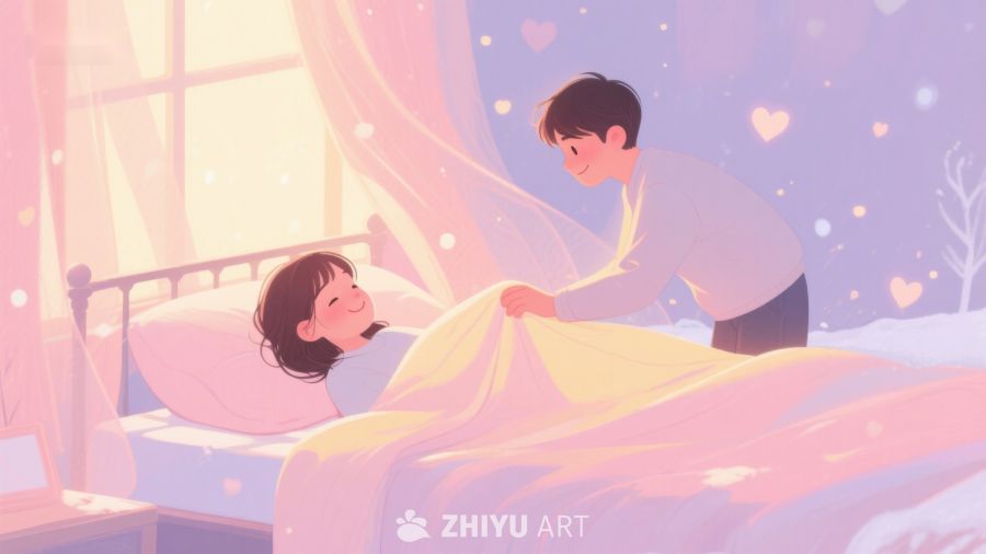 温馨睡前场景：男子为女子盖被 456