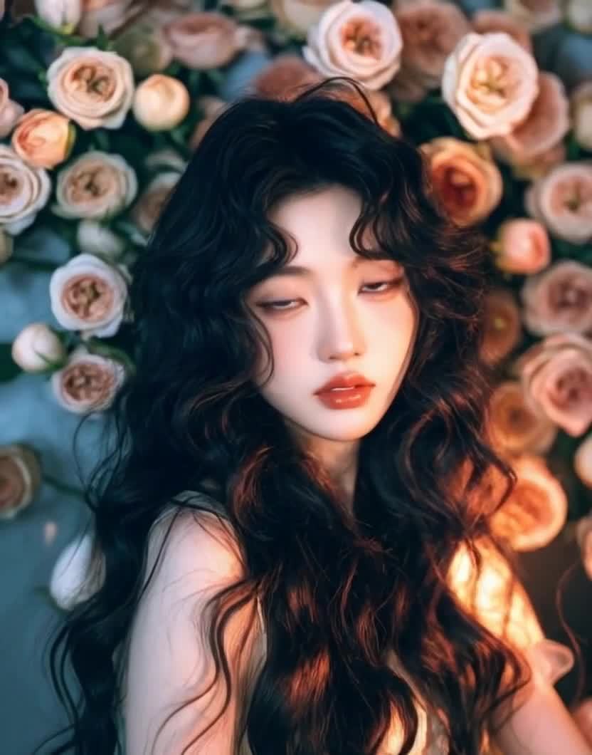 一个年轻女子，她的头发是黑色的，并呈波浪状，她凝视