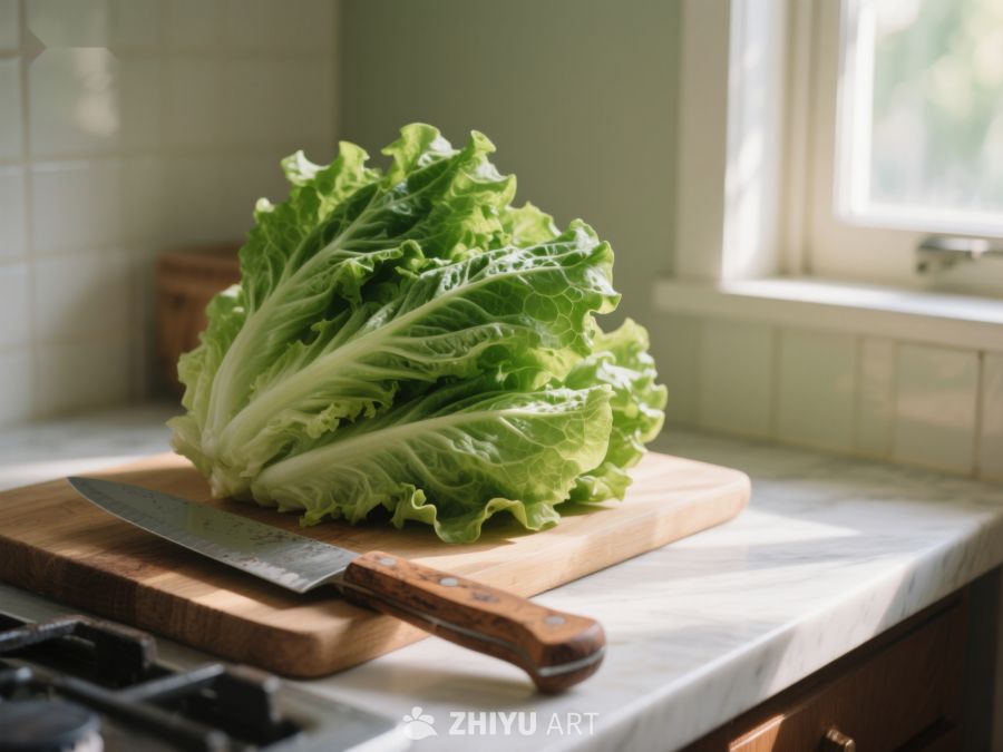 新鲜生菜置于厨房砧板上 523