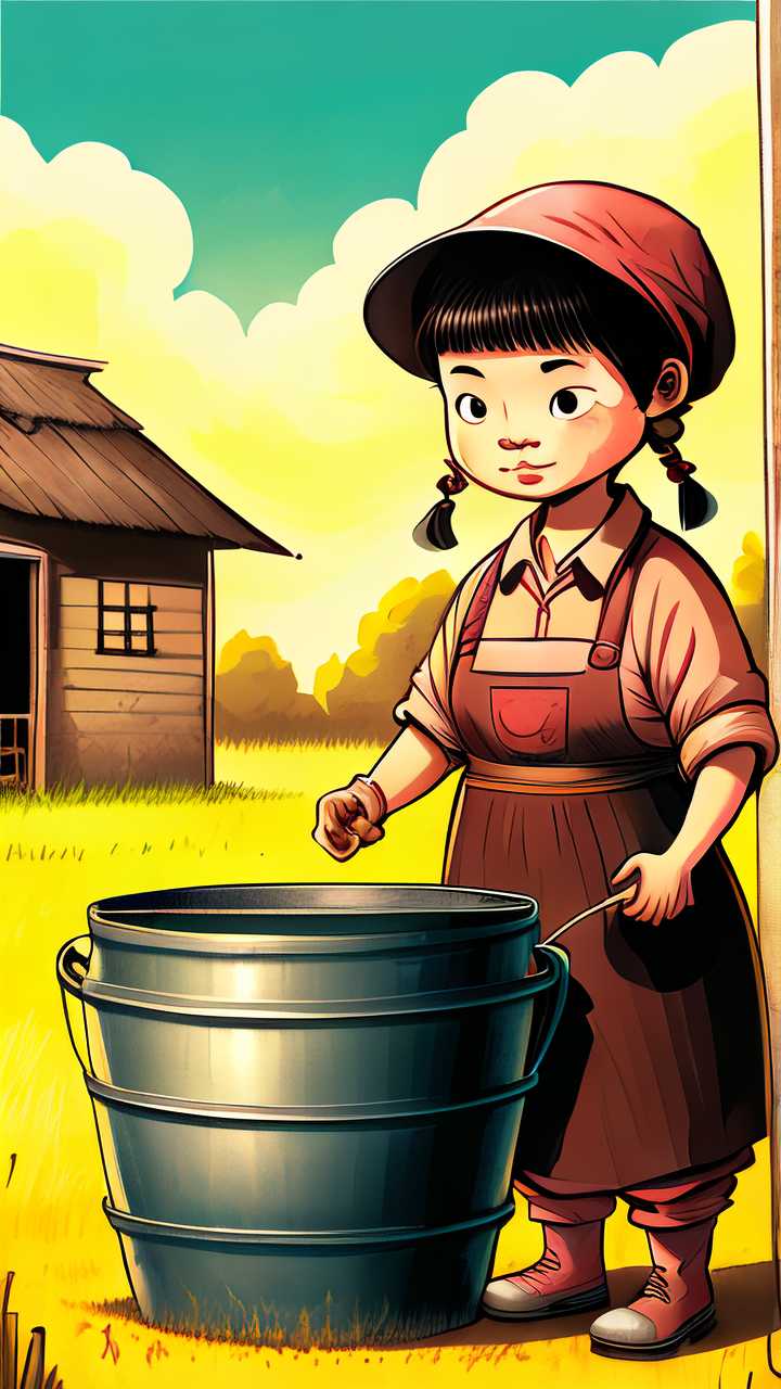 卡通孩子拿着水桶