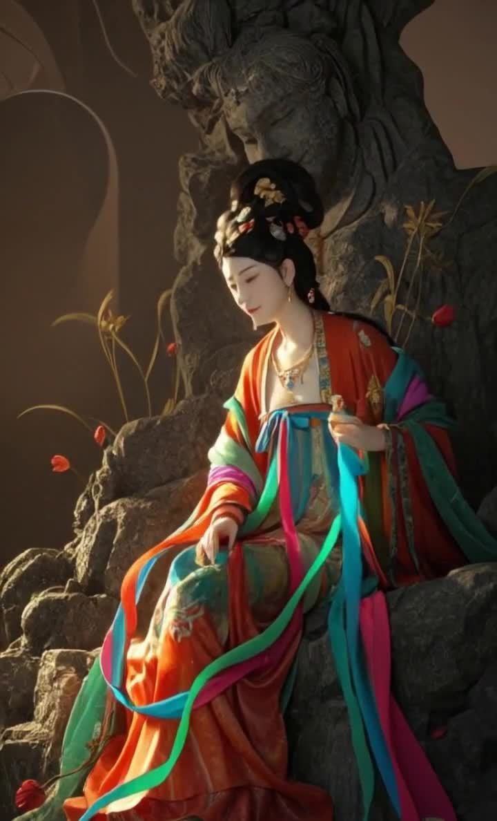 一位身着古装的女子坐在岩石上，她长发绾起，头戴发饰