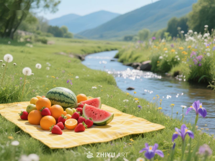 溪边野餐，水果满布 625
