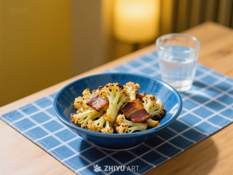 蓝碗中的花椰菜培根料理 472