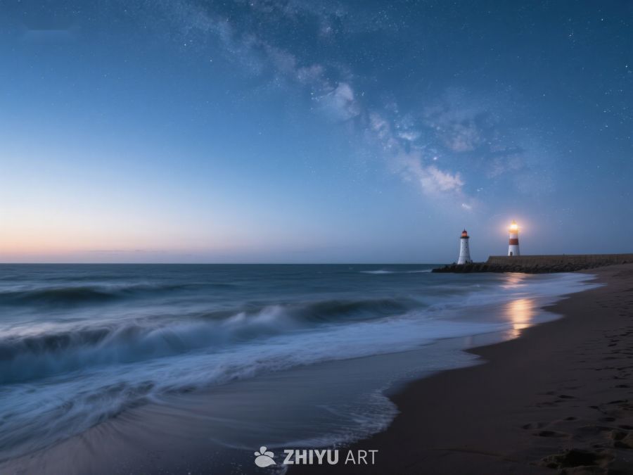 夜幕下的灯塔与海滩 477
