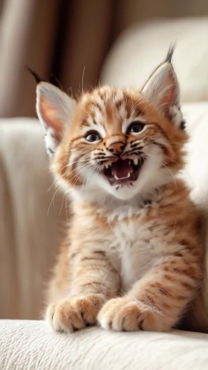 一只小猫坐在米色沙发上，它有着橘色和棕色的条纹皮毛