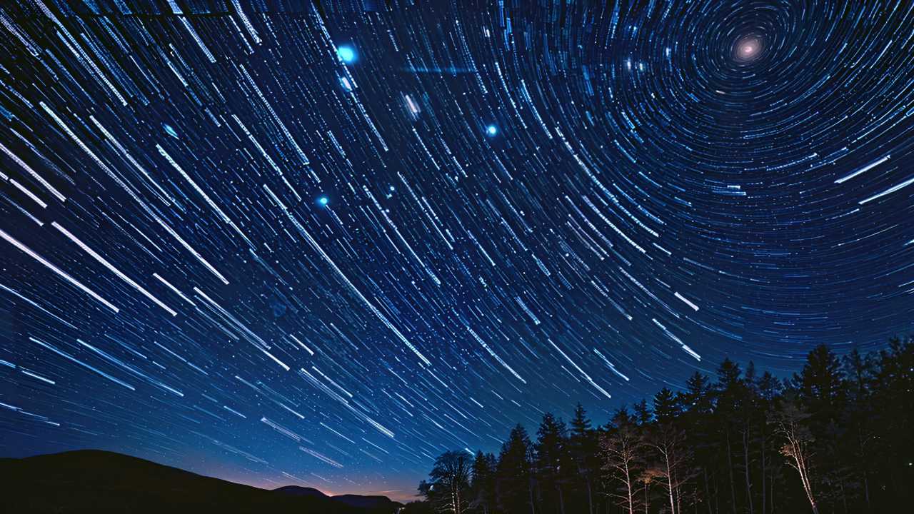 夜空中，无数星光划过，形成蓝色和白色的光轨，围绕着