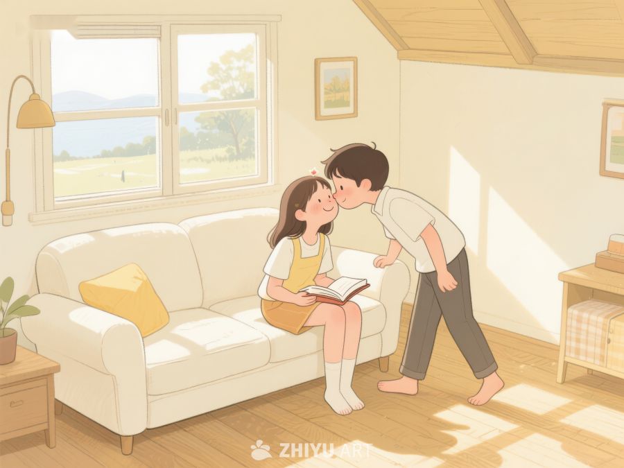 温馨室内：男孩轻吻女孩阅读的额头 751