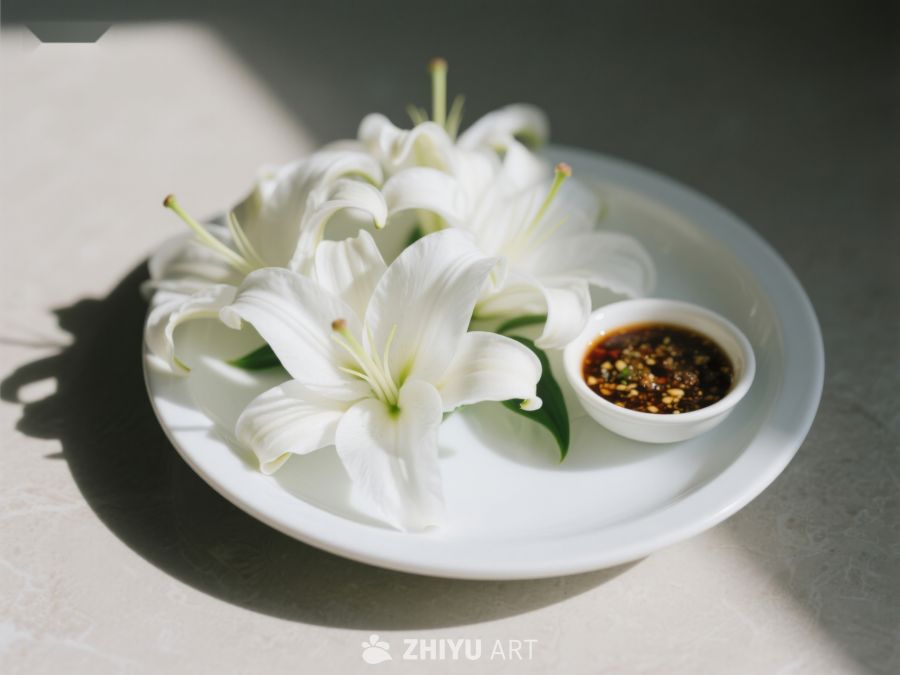 白花与调味碟的静物组合 7