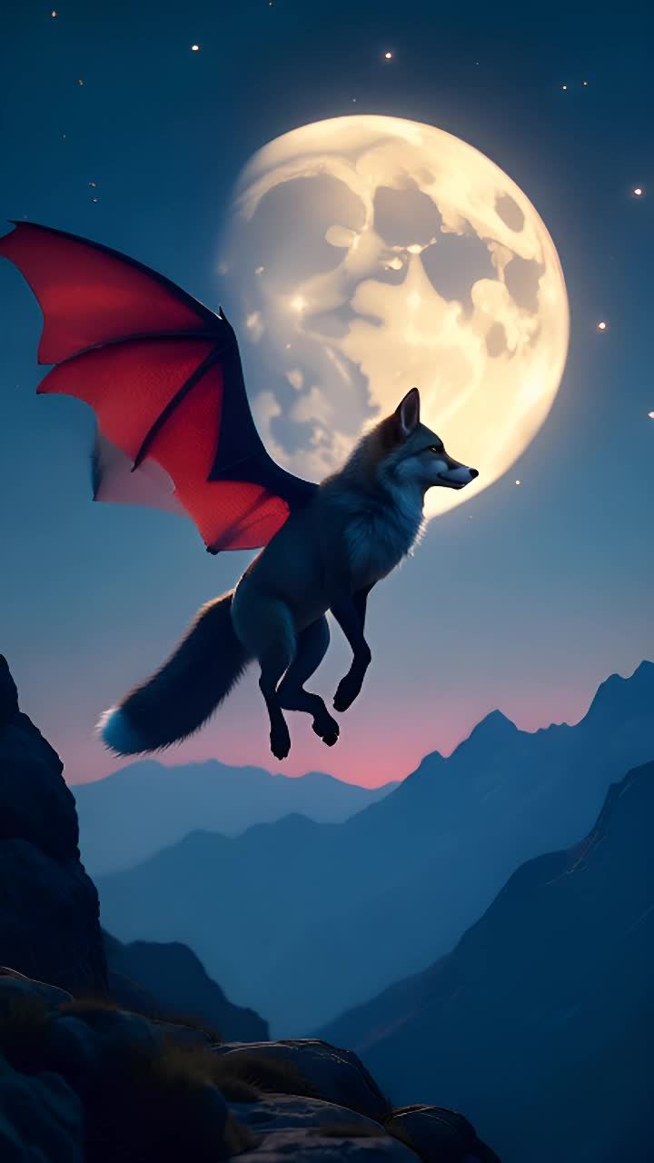 一只狐狸长着蝙蝠翅膀，在夜空中飞行，背景是一轮巨大