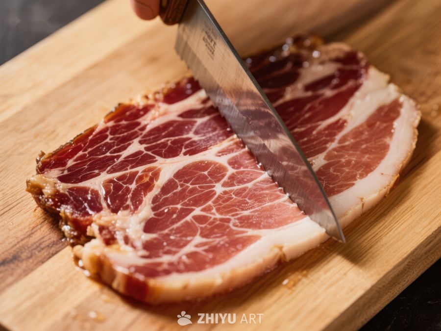 刀切腌制肉片，木板上 129