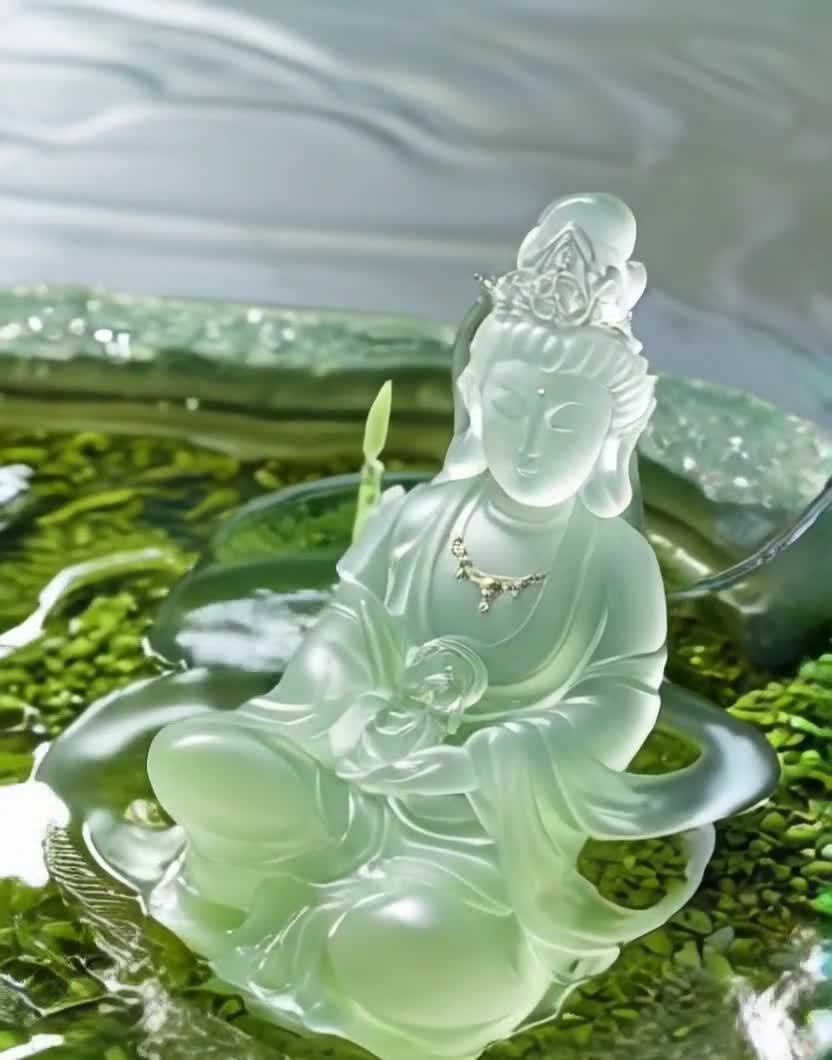 一尊半透明的观音雕像，盘腿而坐，怀里抱着一个婴儿。