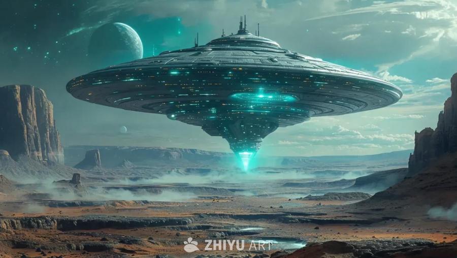 一艘巨大的未来主义宇宙飞船悬停在遍布陨石坑的地面上