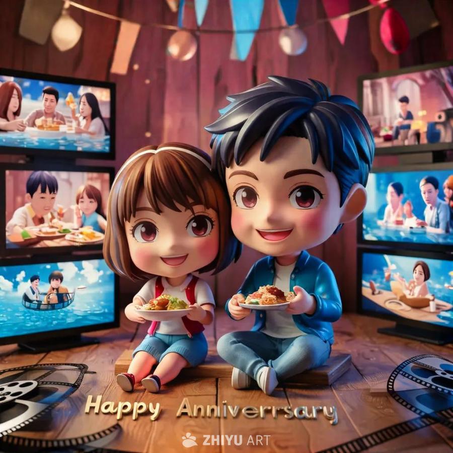 3D卡通Q版风格画面，木色3D文字“Happy A