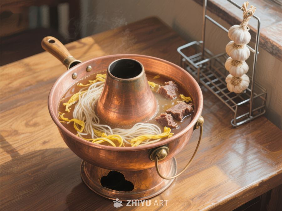 铜锅热气腾腾的面条与牛肉 727