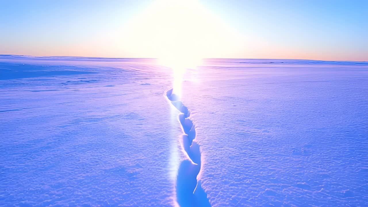 雪地上有一条裂缝，通向远方的地平线。太阳从东方升起，照亮了整个大地。这条裂缝是由冰雪冻融循环形成的自然现象。当气温下降时，地表的水分会结冰，体积膨胀导致地面隆起；而当气温回升时，冰层融化，留下裂缝。随着时间的推移，这些裂缝可能会逐渐扩大，形成更大的裂隙带。在这个寒冷的季节里，阳光成为了人们心中的温暖象征。它驱散了严寒，带来了希望与生机。