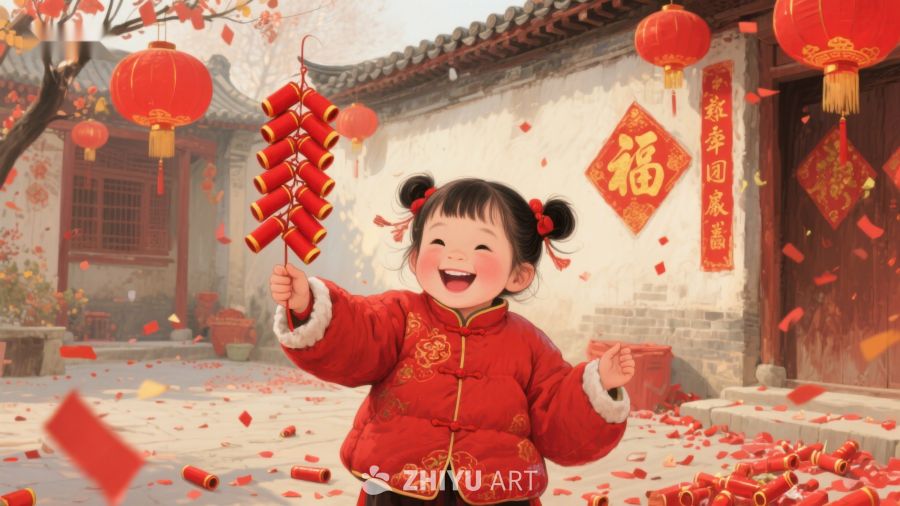 小女孩手持鞭炮庆祝春节 126