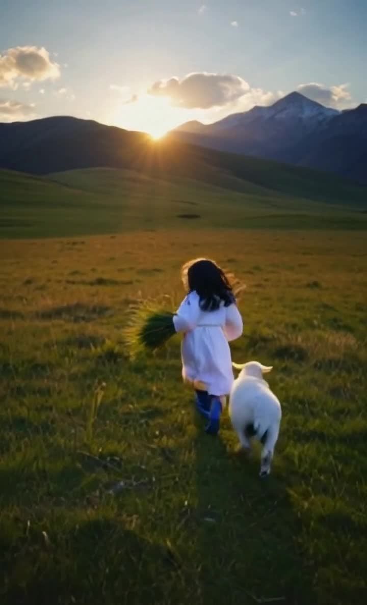 草原女孩与羊追逐，夕阳下温馨剪影。