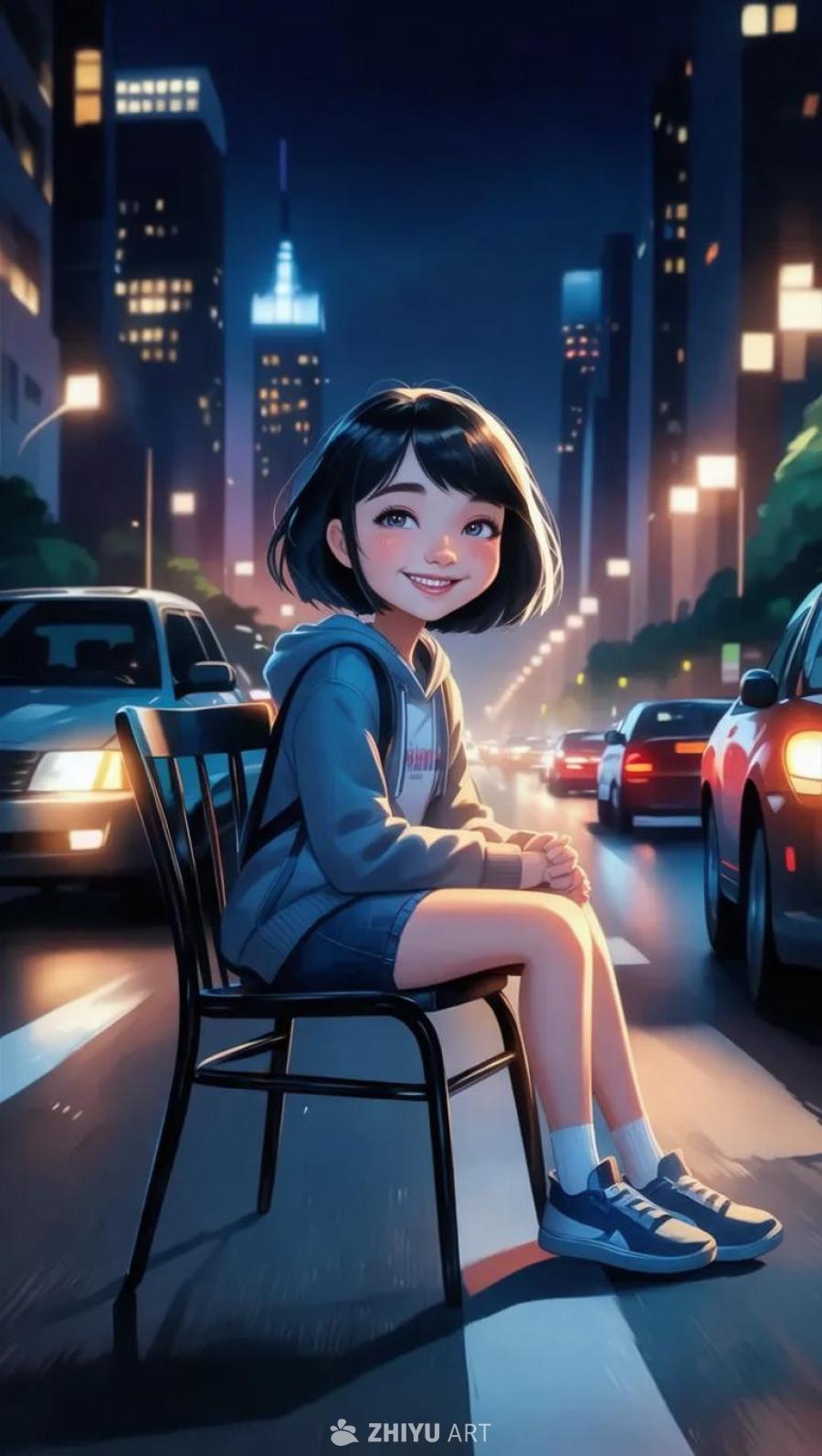 一个16岁的女孩坐在高速公路中央的一把长椅上，她留