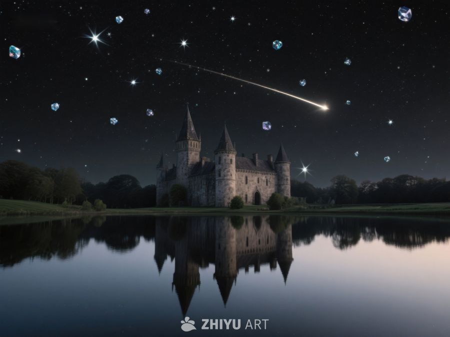 夜空流星划过古堡倒影 259