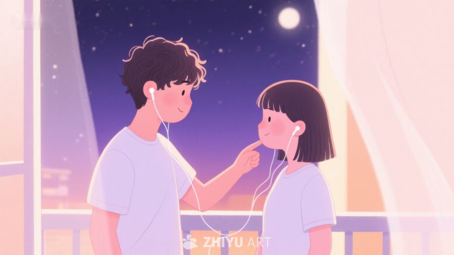 夜晚窗边共听音乐的两人 590