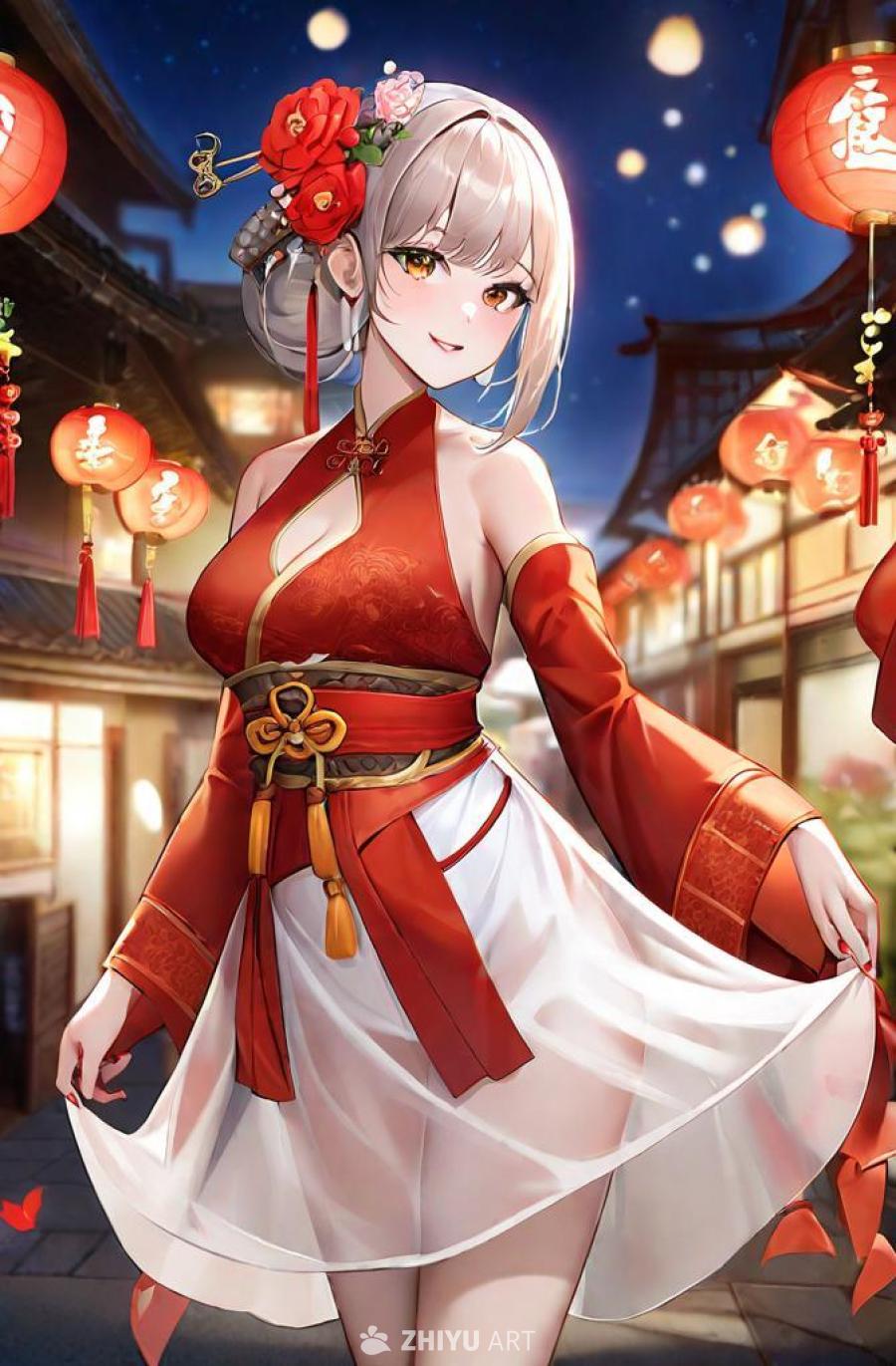 穿着红色旗袍的年轻女子站在一条街道上，街道两旁挂着