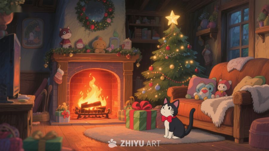 温馨圣诞夜，猫咪静观炉火与树 320