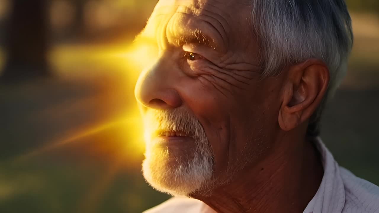 一位头发灰白的老年男性，侧脸朝向右方，面部布满皱纹