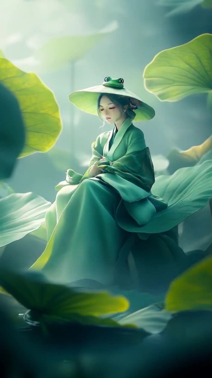 荷叶帽绿衣女子坐于荷叶上，雾气缭绕宛如仙境。