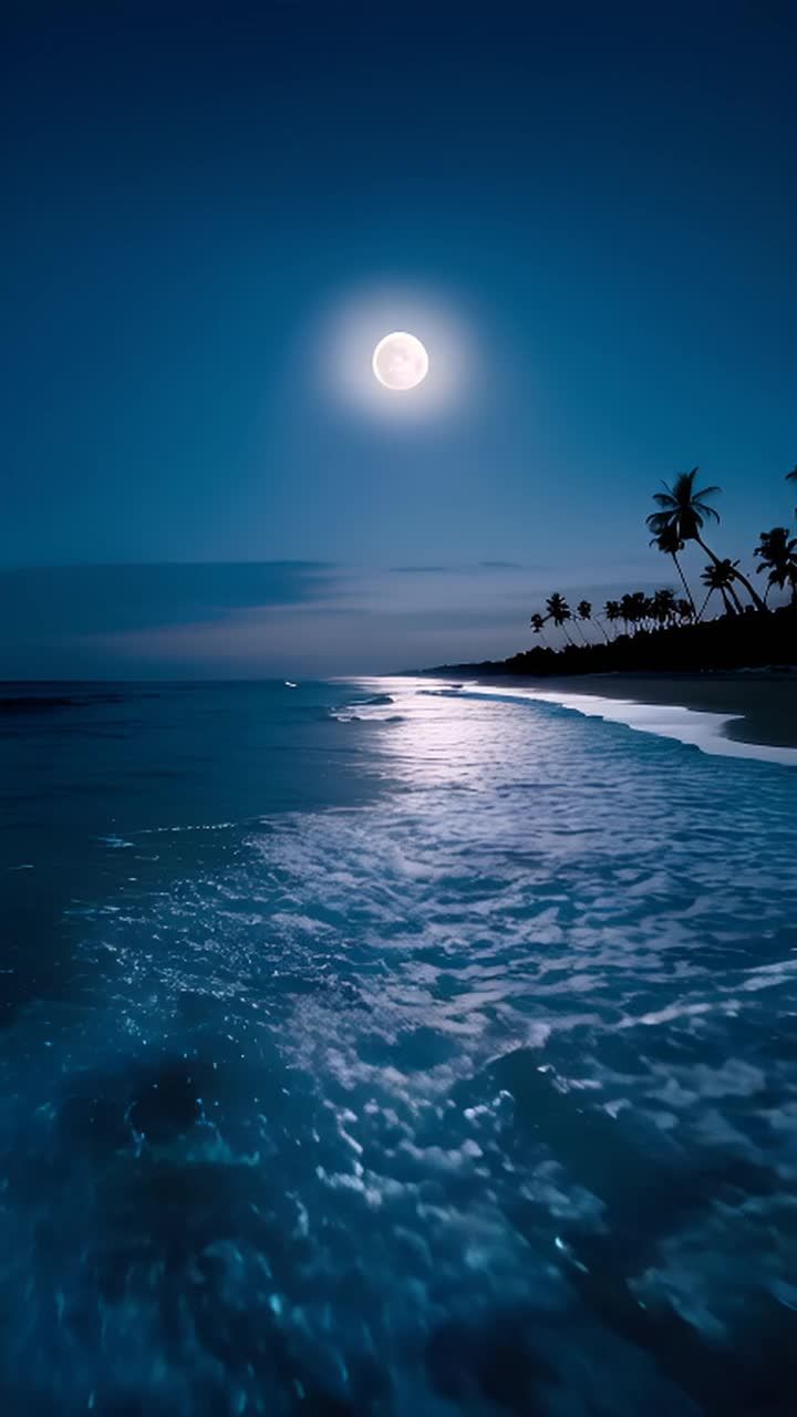 在明亮的满月下，夜晚的海滩上波涛汹涌。远处的棕榈树