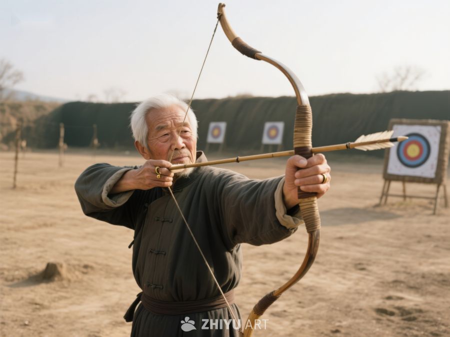 老人专注射箭，背景靶场清晰可见 580