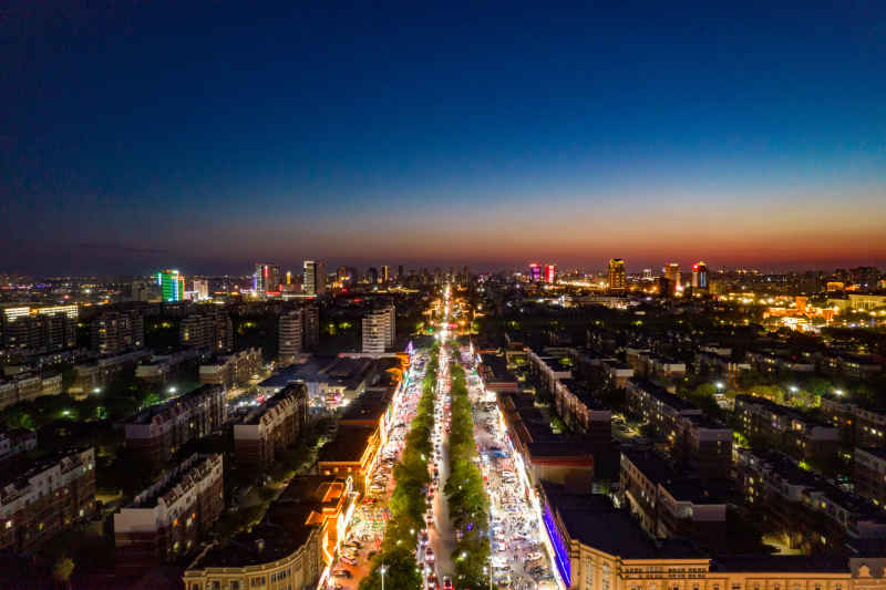 山东东营城市日落晚霞夜景航拍摄影图