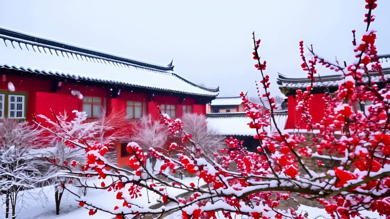 红色的古建筑屋檐覆盖着白雪，墙体也呈红色，部分窗户