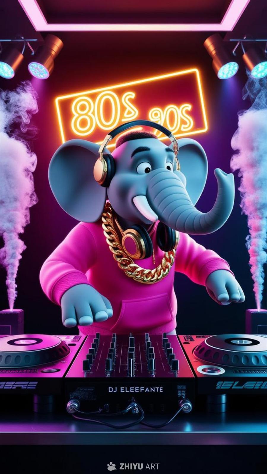 在一个充满活力的彩色夜总会环境中，一只名为DJ E