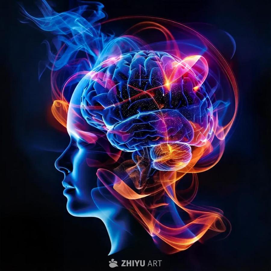 一个人的侧面轮廓，头部的形状由蓝色光线勾勒。大脑的