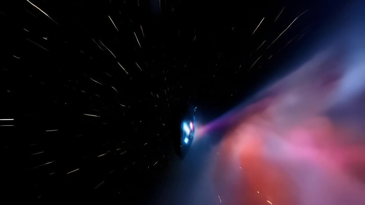 一艘宇宙飞船正在穿梭于高维空间的漩涡隧道中，隧道内