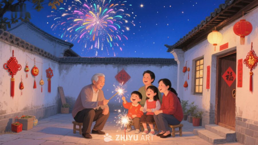 家庭院落共赏烟花 586