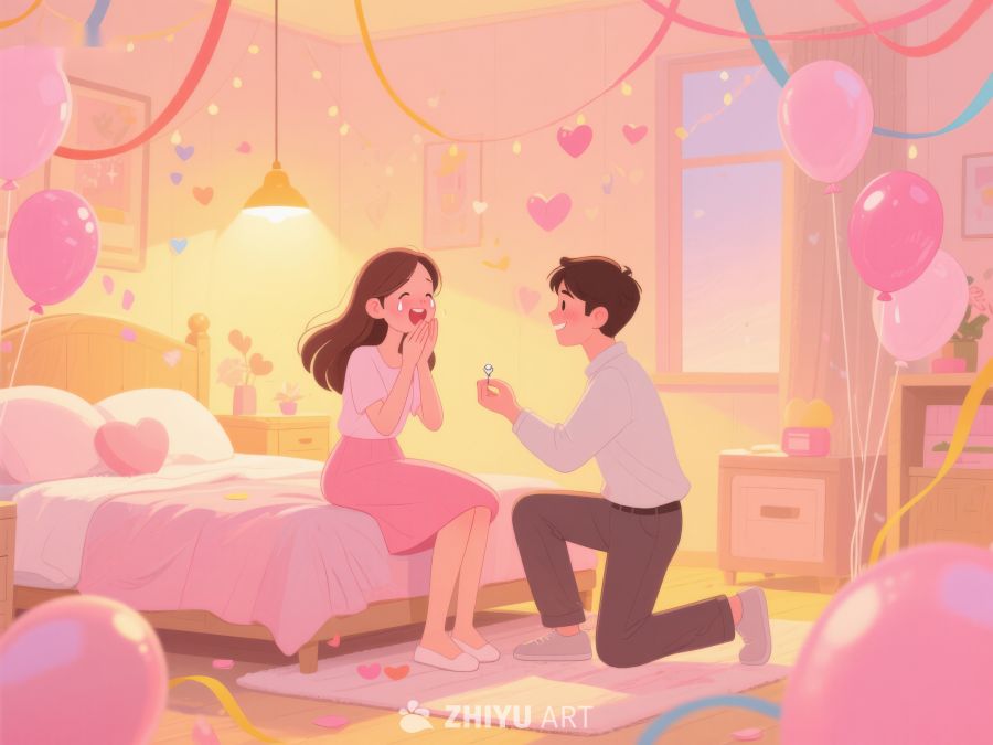浪漫求婚瞬间，温馨卧室场景 408