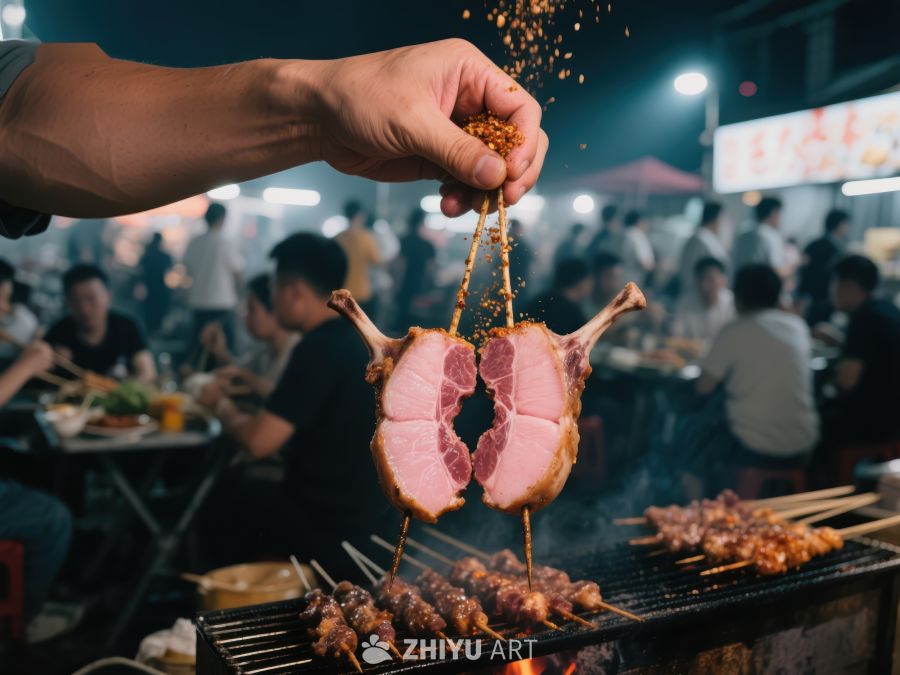 夜市烧烤摊上的美味烤肉