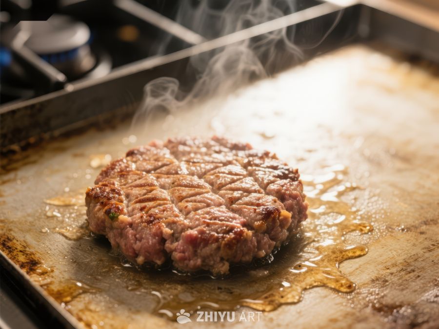 煎锅上的烟熏汉堡肉饼