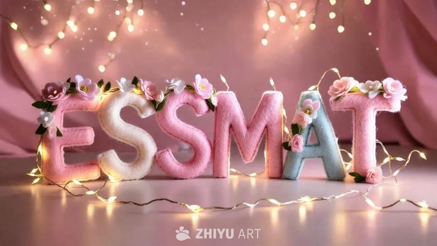 “essmat”一词由粉彩色调的毛毡字母组成，每个