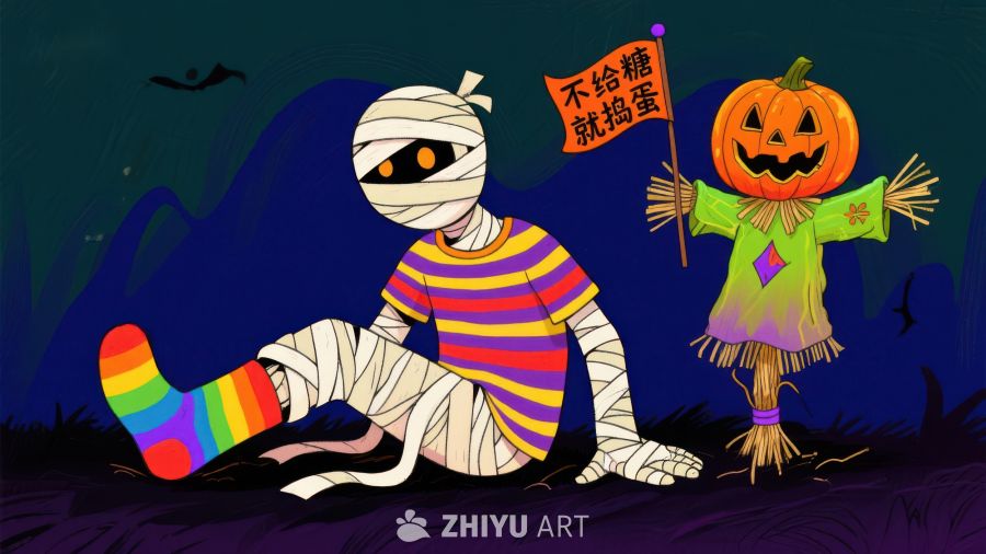 万圣节木乃伊与南瓜灯的趣味场景