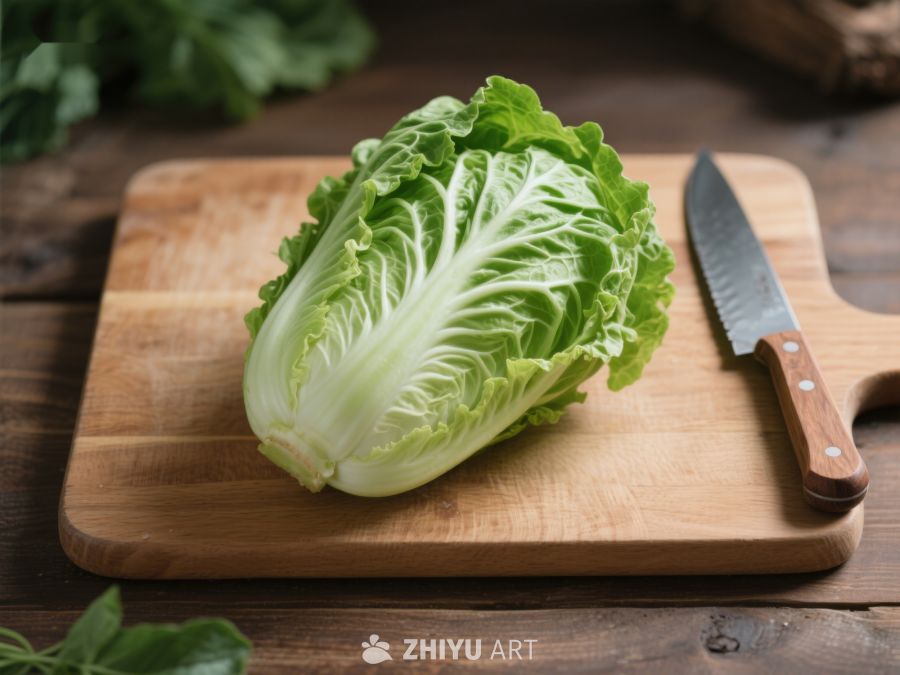 新鲜白菜置于木质砧板上 392
