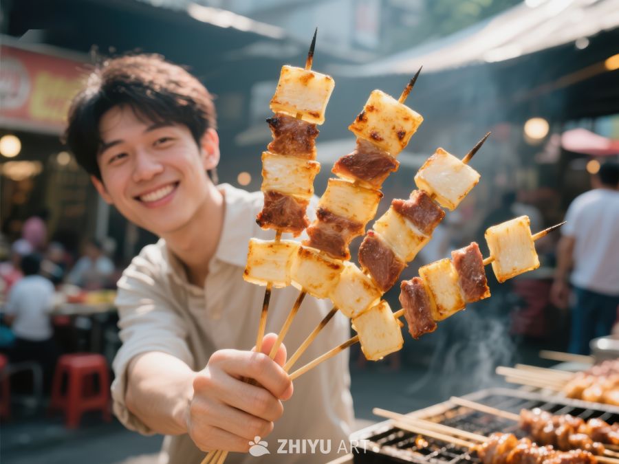 男子手持烤串，夜市美食诱人
