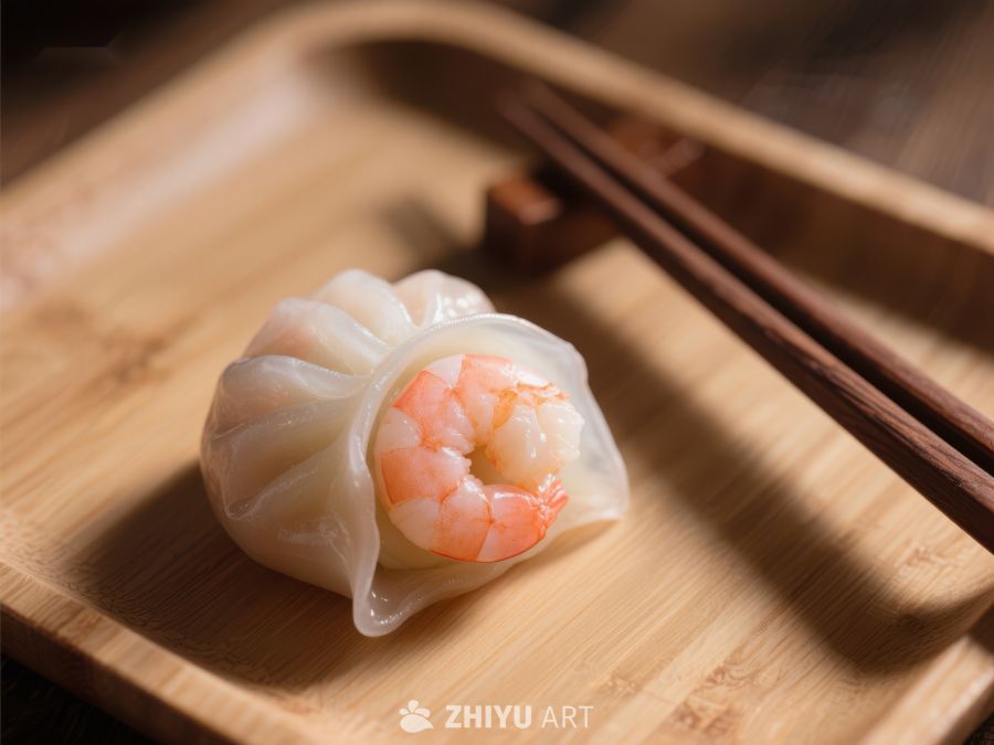 鲜虾饺特写，木质托盘上的美食 1238