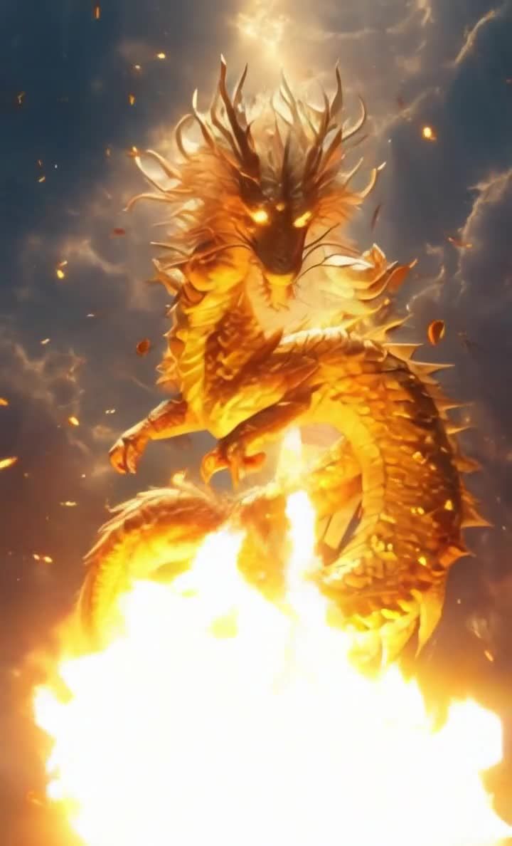 金色祥龙与金币飞舞，沐浴金光，画面绚烂夺目。