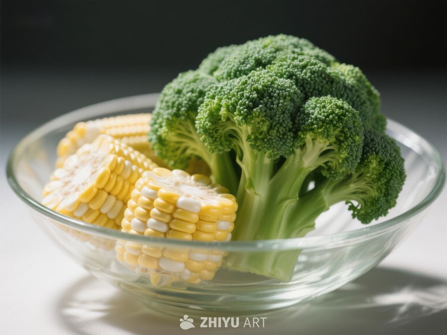 碗中新鲜西兰花与玉米 399