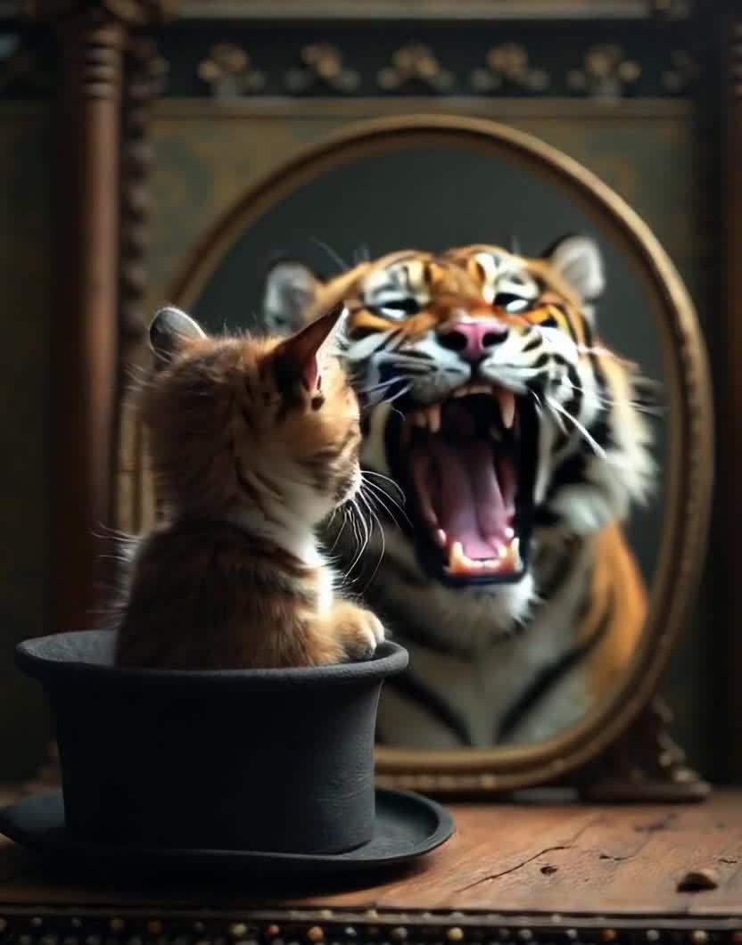 小猫礼帽镜中虎的咆哮幻象