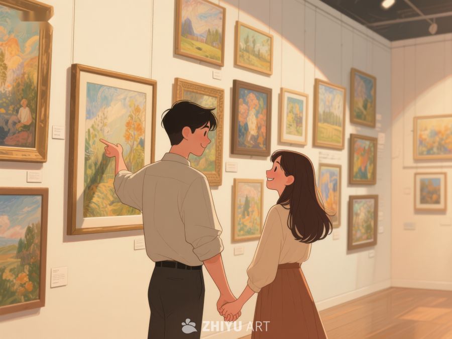 美术馆内，情侣共赏画作 477