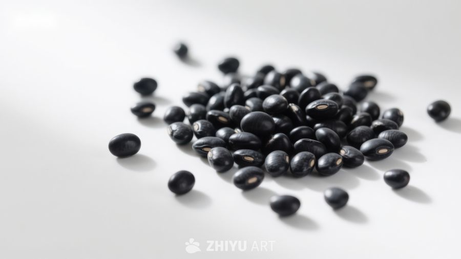 黑色豆子散落于白色背景